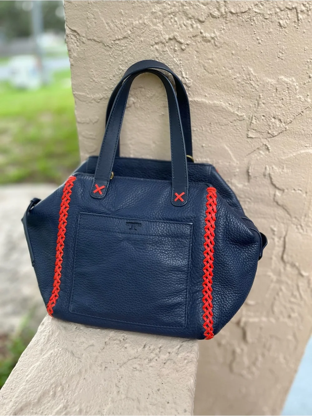 Tory Burch Navy Blue Leather Tote with Red Accent Stitching
